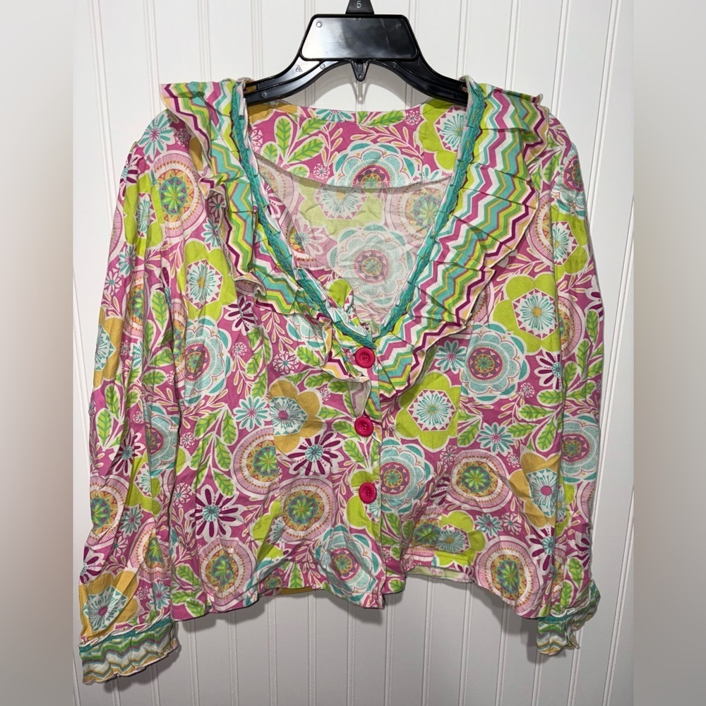 Handmade Colorful Women's Top with Ruffled Collar - Picture 2 of 5